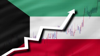 White arrow and stocks chart growth up on the background of the flag of Kuwait