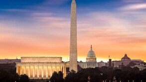 Dawn over Washington - with 3 iconic monuments illuminated at su