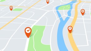 City map with pins. Color cartography town plan in perspective with red navigation pointers on route. Urban tourism vector concept