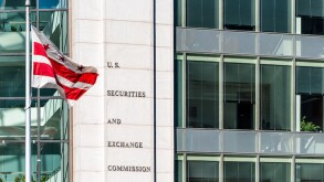 Washington DC, USA - October 12, 2018: US United States Securities and Exchange Commission SEC architecture modern building sign, logo, flag, glass windows