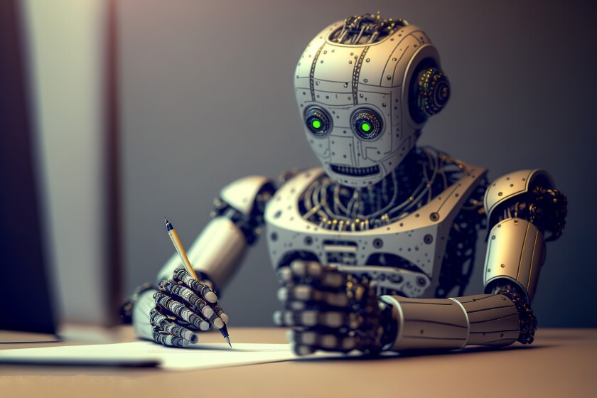 Chatgpt bot writing answers with pen on paper, Generative AI