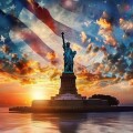 Statue of Liberty with an American flag background Sunset sky with stars and clouds in the style of an American landscape painter Generative AI