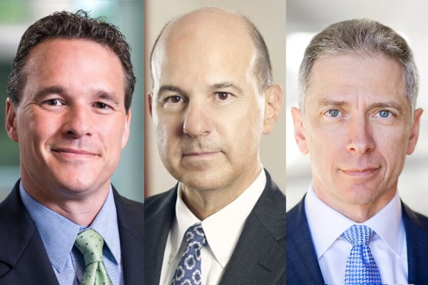 L to R: Former USPTO directors Jon Dudas, David Kappos and Andrei Iancu
