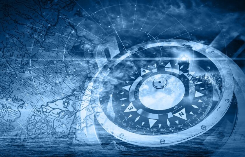 Blue ships navigation illustration with compass, lighthouse and 