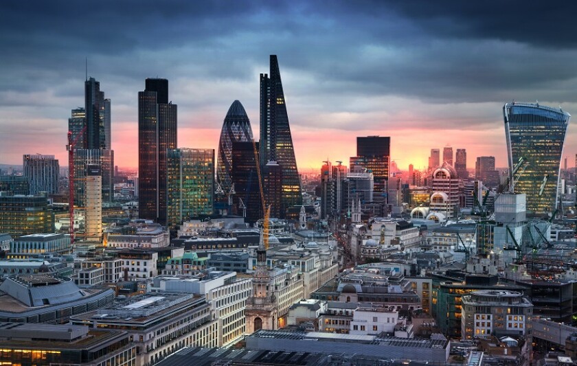 LONDON, UK - JANUARY 27, 2015: London's panorama in sun set. 