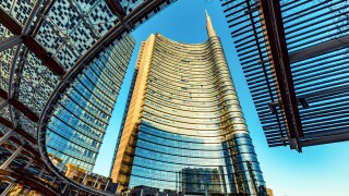 MILAN,ITALY - CIRCA FEBRUARY 2020: Milan Italy, Porta Garibaldi District. Gae Aulenti Square. Unicredit Tower.