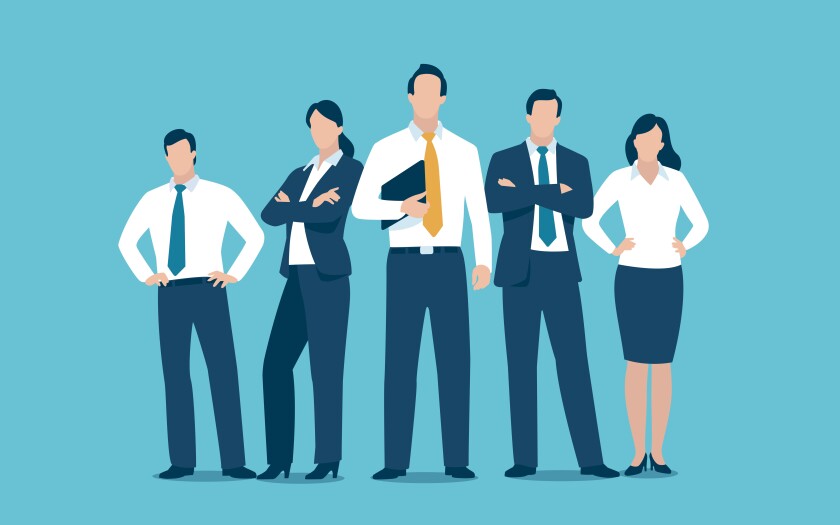 Successful leader and his team. Business vector illustration.