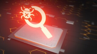 Malware bug in target with magnifier. Scanning Network Vulnerability Virus Malware Ransomware Fraud Spam Phishing Email Scam Hacker Attack IT Security Concept.3D Illustration