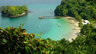 A view from elevatep point over beach in Parque Nacional de Isla Coiba, Panama