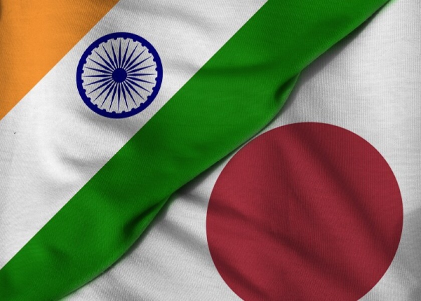 Two flags. 3D. People's Japan and India