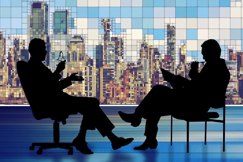 Silhouetted seated figures in discussion, with a city skyline in the background