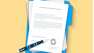 Document, folder with stamp and text. Contract papers. Document. Flat design. Contract icon agreement pen.