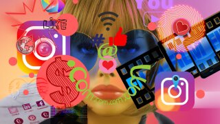 Influencer surrounded by apps and reaction symbols