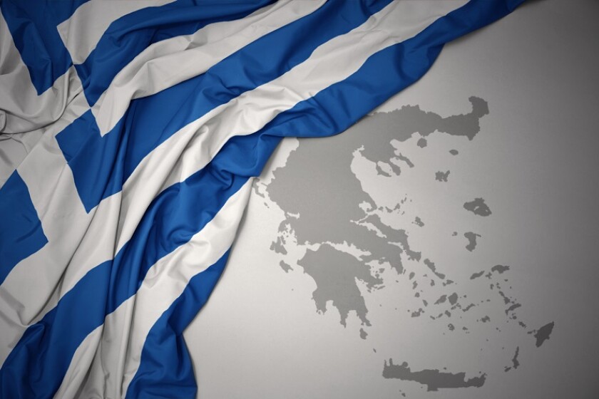 waving colorful national flag and map of greece.