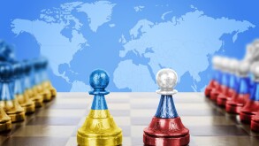 Concept of war between Ukraine and Russia. Chess pieces in color