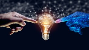 Artificial intelligence (AI) Machine Learning, robot and human hands touching on big data network connection background, science and technology artificial intelligence, innovation and futuristic.