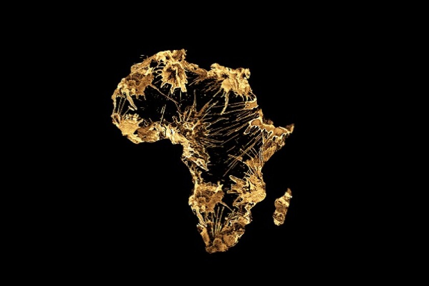 Gold Africa map, gold splatter effects over a dark background, golden style concept