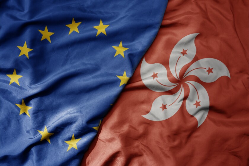 big waving realistic national colorful flag of european union and national flag of hong kong .