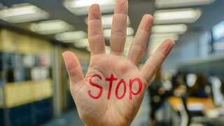 Harassment at work, woman sad angry terrified scared afraid, man, stop no, pressure unhappy male abuse touch hand, flirting bullying uncomfortable job.