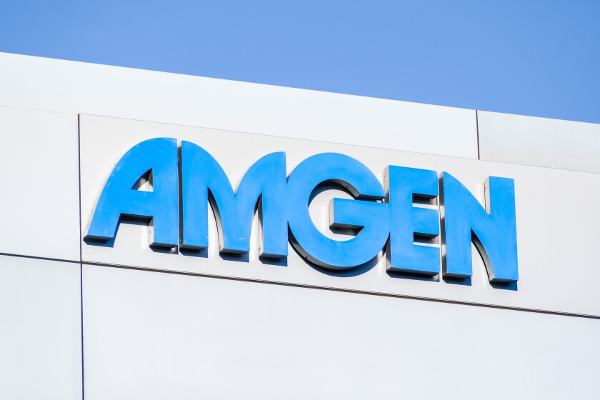 Sep 21, 2020 South San Francisco / CA / USA - Amgen sign at their headquarters in Silicon Valley; Amgen Inc. is an American multinational biopharmaceutical company