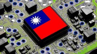 Taiwanese National Flag overlaid on PC micro chip on integrated circuit