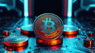 Digital cryptocurrency coin on circuit board
