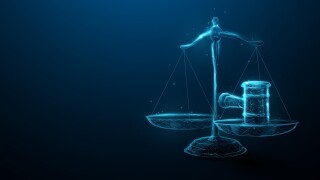 Scale icon Hammer of Justice in the Law and Justice. Low poly sc