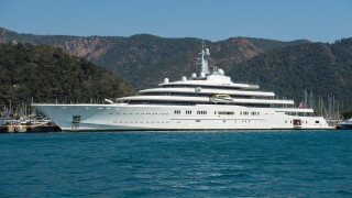Marmaris, Turkey – March 27, 2022. M/Y Eclipse superyacht owned by Russian oligarch Roman Abramovich, in Netsel Marina port of Marmaris, Turkey. Built by Blohm+Voss of Hamburg