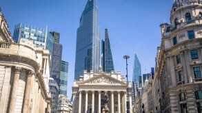 LONDON- City of London and Bank of England / Royal Exchange in t