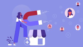 Promotion in social networks and customer acquisition, attracting users and customers, woman with big magnet getting new clients and users for business