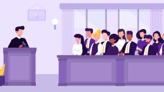 Illustration of people, judge and courthouse in jury trial concept. Vector Illustration