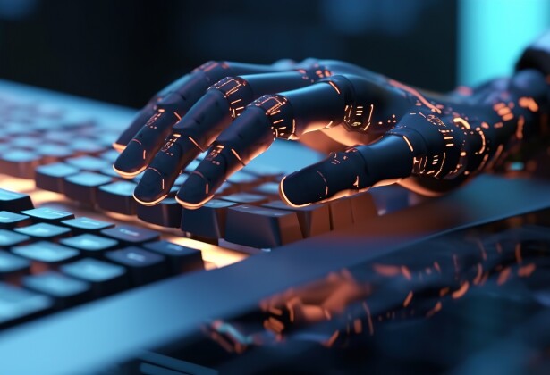 Robot hand typing on the computer. The concept of artificial intelligence replacing a human in dealing with another human. Ai generative.