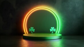 St patrick day neon background with shamrock and glowing arch. Green and orange circle portal on dark stage with smoke. Irish holiday celebration design concept with copy space