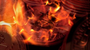 Bitcoin crypto currency burning under fire value diminishing 3D 