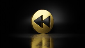 gold metal symbol of rewind  3D rendering with blurry reflection