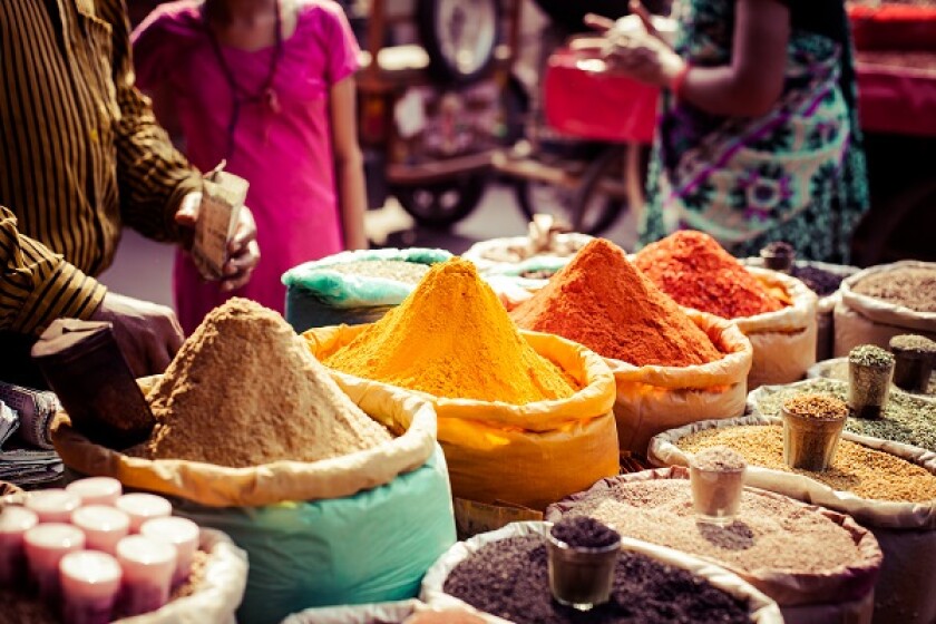 Traditional spices and dry fruits in local bazaar in India. 
