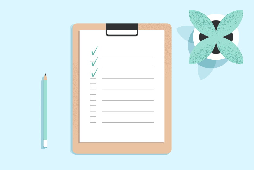 Clipboard with checklist on a white sheet of paper with green tick marks. Check list, to do, questionnaire concept. Document on the table. Top view. Minimalist isolated flat vector illustration