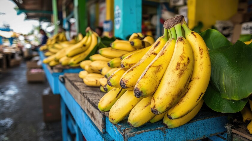 A fresh bundle of yellow bananas resting on a market stall with tropical leaves.