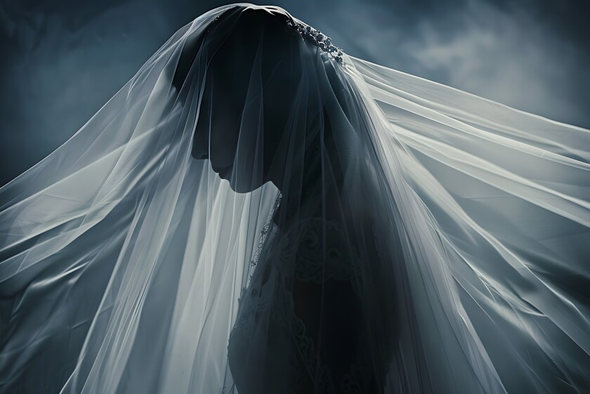 Studio photo of a wedding veil moving, shadow black background