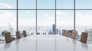 Panoramic conference room in modern office in New York City. Brown leather chairs and a table. 3D rendering.