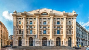 Facade of Palazzo Mezzanotte, stock exchange building in Milan, Italy