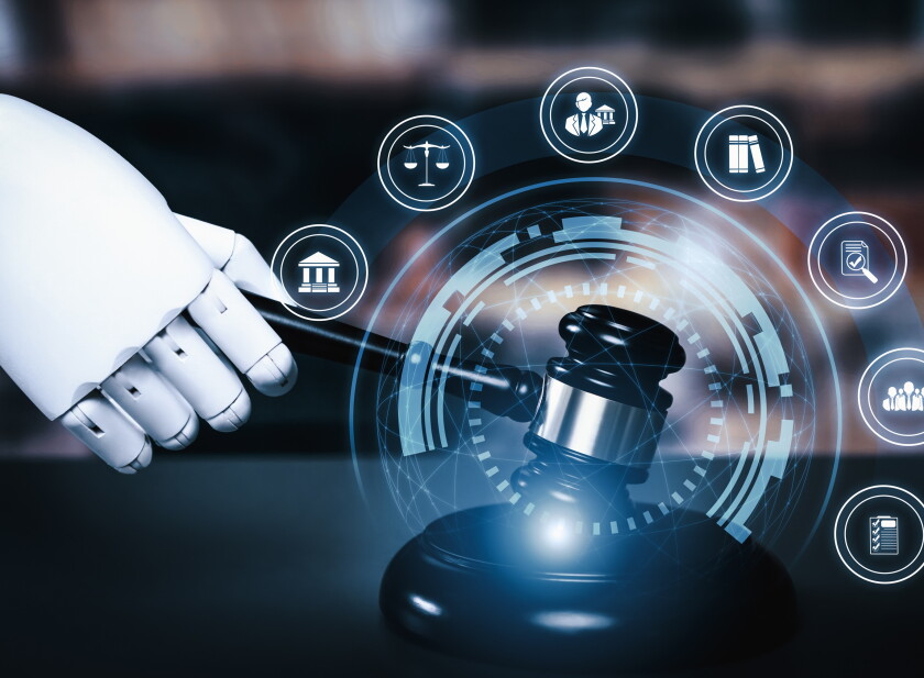 AI related law concept shown by savvy robot hand using lawyer working tools