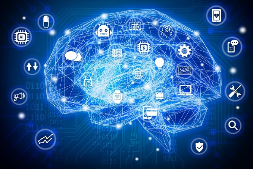 Machine learning , artificial intelligence , ai , deep learning and future concept. Wireframe Brain connect with circuit electronic graphic , binary code and technology icons background.Blue tone