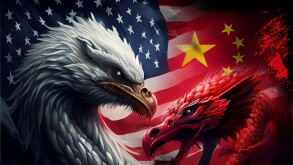 American Eagle VS Chinese Dragon Art illustration. War Conflict Cause of Taiwan. Freedom. Economic trade between USA and China. concept.  Generative Ai.