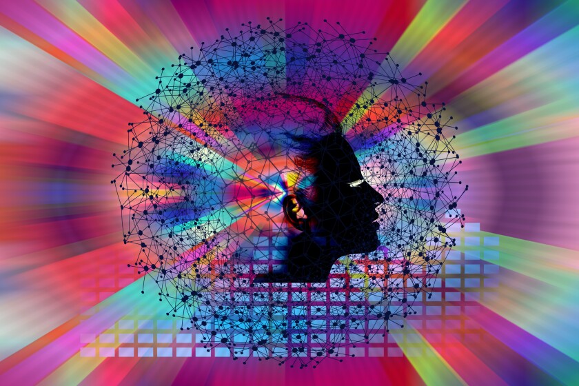 Profile of human head surrounded by network of lines