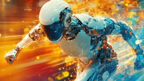 A futuristic robot runs forward with glowing streaks behind it.