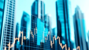 Bullish market graph rising against a backdrop of modern city skyscrapers, representing growth in securities trading, financial success