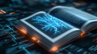 An open glossary merges traditional definitions with AI terminology, showcasing glowing digital designs. The background emphasizes a modern tech aesthetic