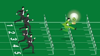 A lead businessman holds a tree light bulb, runs and jumps over obstacles on a racetrack. Idea of ESG competition, Environmental policy, Green business, Eco-friendly, Sustainable, and concern concept.