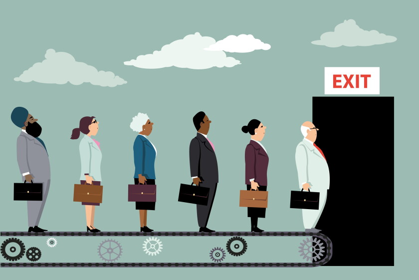 Employees on a conveyor belt leaving their jobs as a metaphor for great resignation, EPS 8 vector illustration